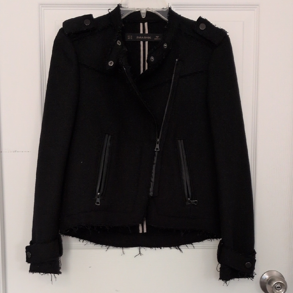 Zara Wool Blend Moto Jacket with Frayed Detail EUC